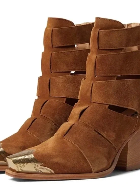 Free People Brayden Fisherman Suede Cutout Ankle cowboy Boots with Gold Toe Cap - Picture 1 of 8